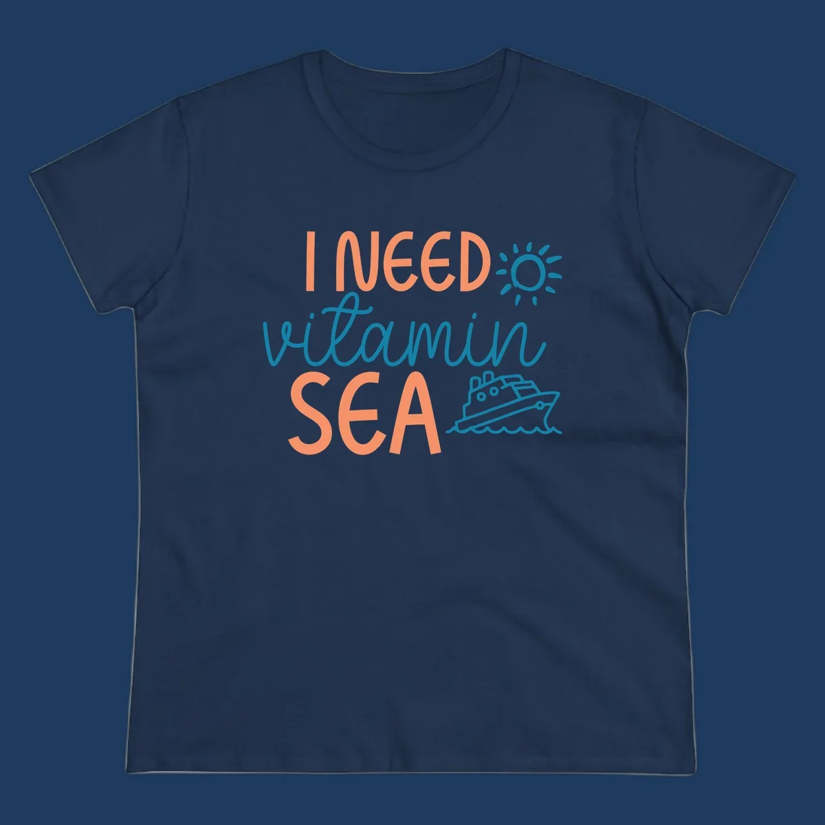 Colorful vitamin sea cruise design with sun, ship, and waves in coral and teal on gray background.