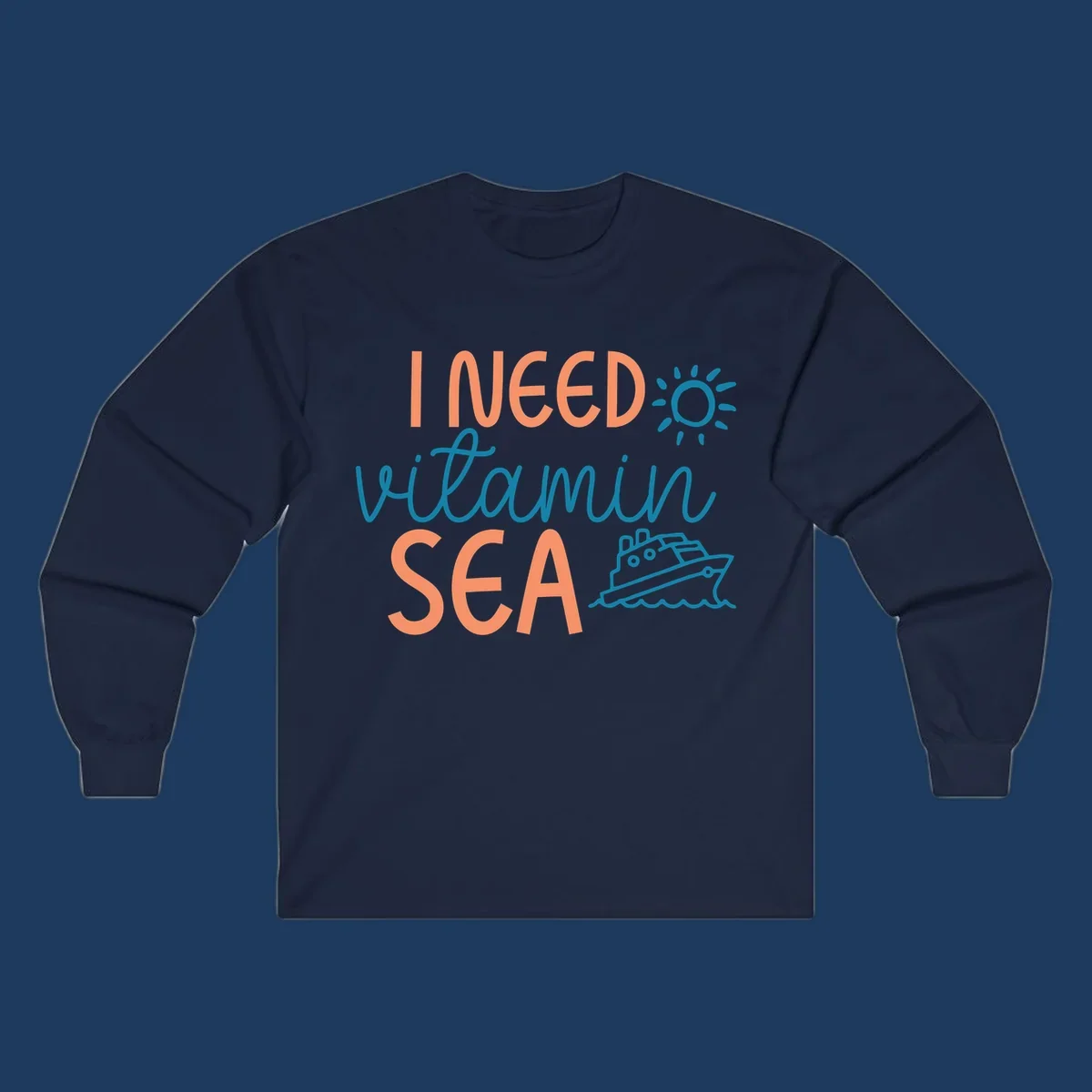 Colorful vitamin sea cruise design with sun, ship, and waves in coral and teal on gray background.