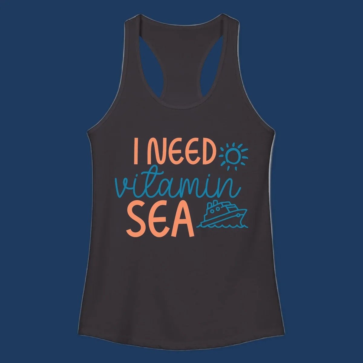 Colorful vitamin sea cruise design with sun, ship, and waves in coral and teal on gray background.