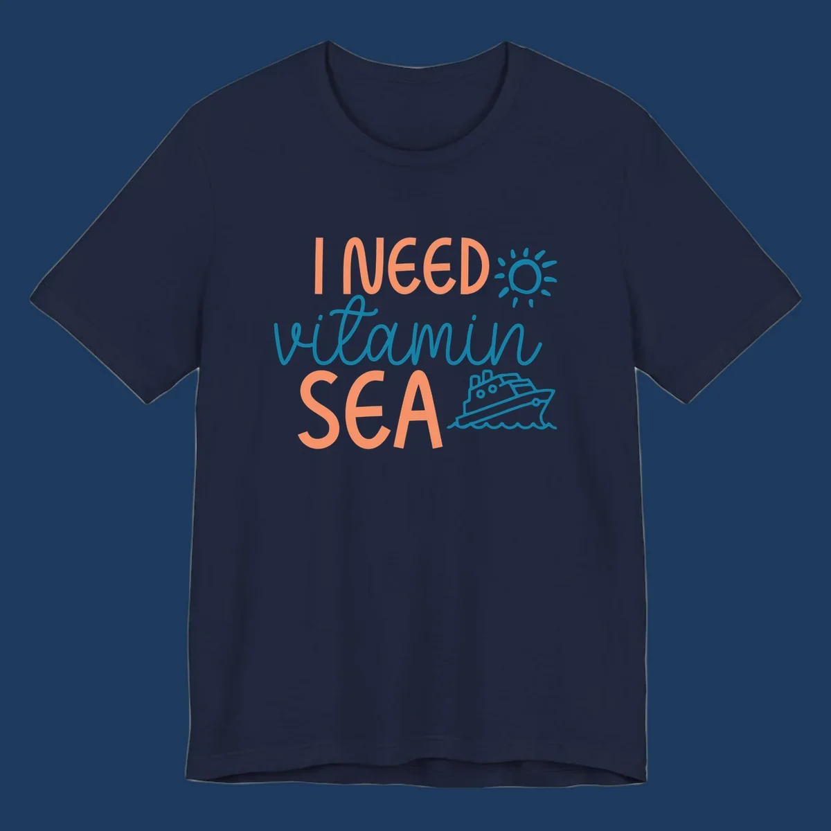Colorful vitamin sea cruise design with sun, ship, and waves in coral and teal on gray background.