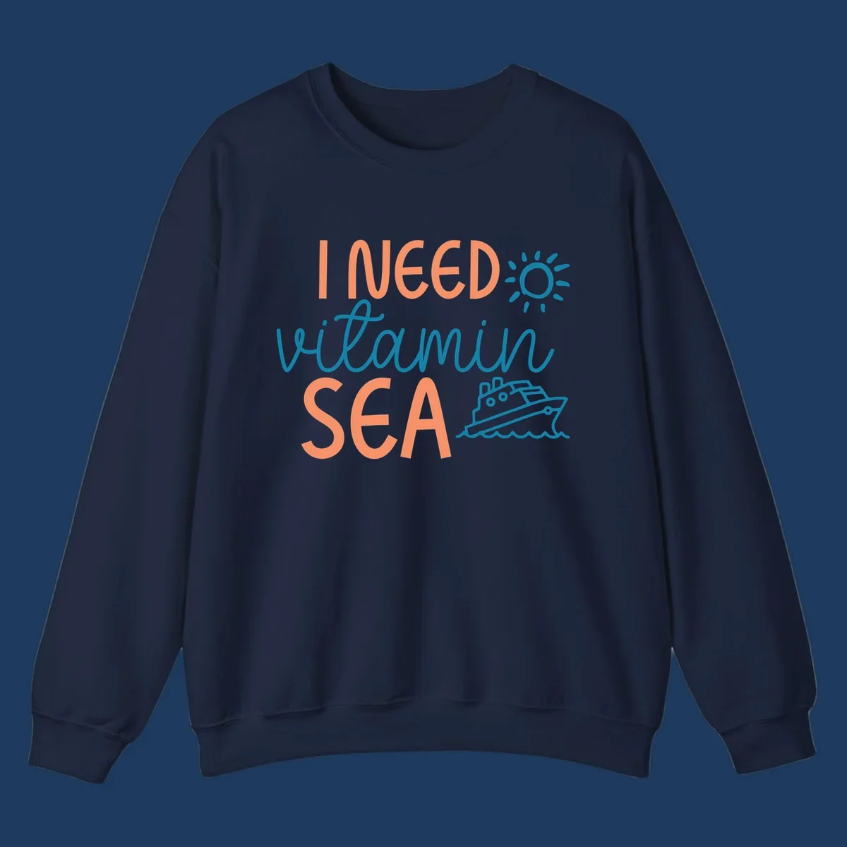 Colorful vitamin sea cruise design with sun, ship, and waves in coral and teal on gray background.