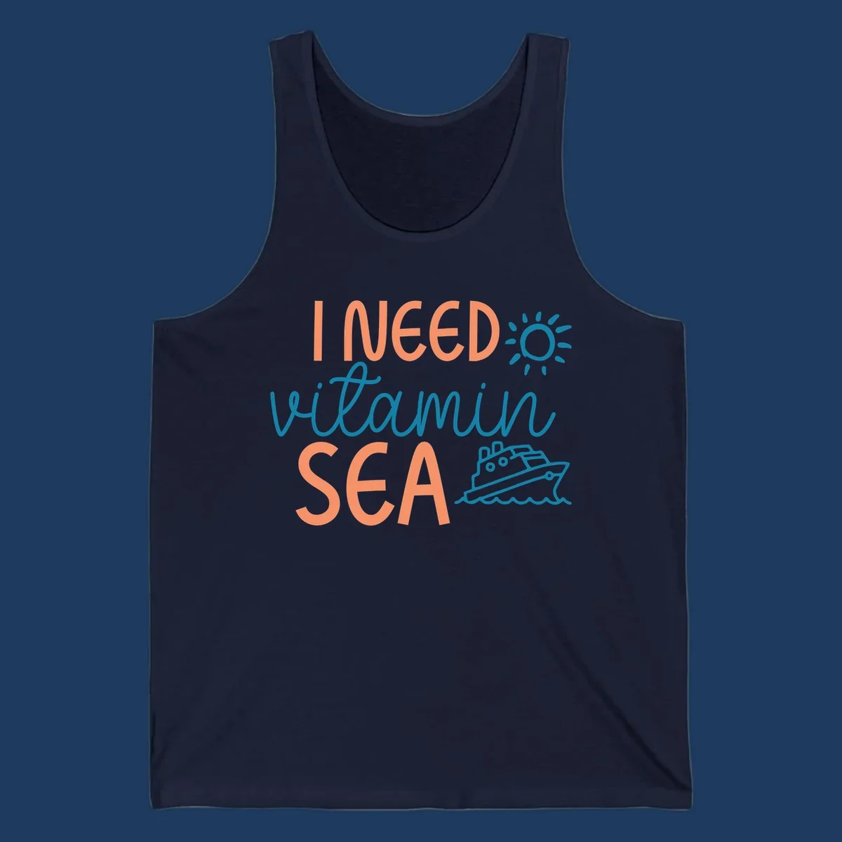 Colorful vitamin sea cruise design with sun, ship, and waves in coral and teal on gray background.