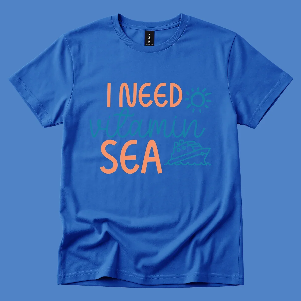 Colorful vitamin sea cruise design with sun, ship, and waves in coral and teal on gray background.