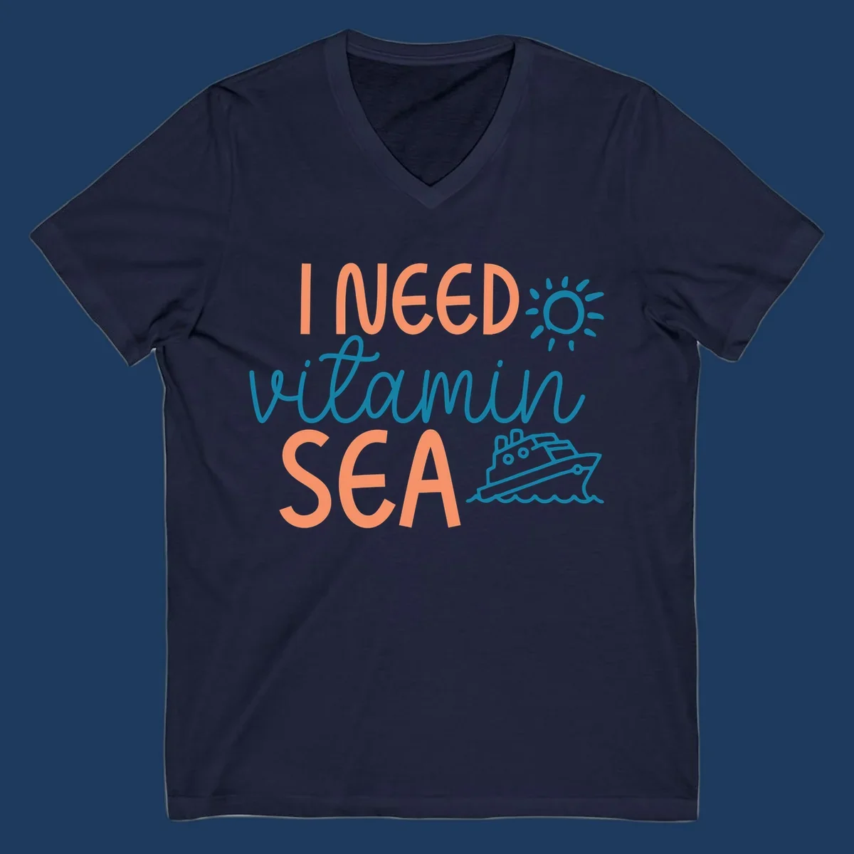 Colorful vitamin sea cruise design with sun, ship, and waves in coral and teal on gray background.