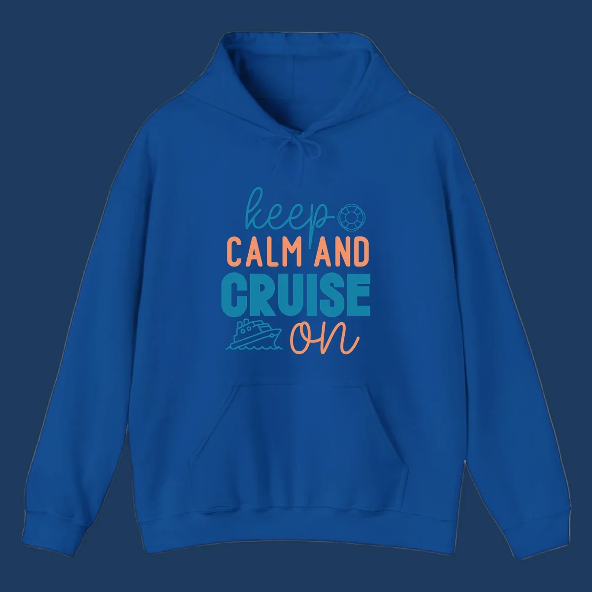 Keep Calm and Cruise On design with life preserver and cruise ship illustration on nautical-themed artwork