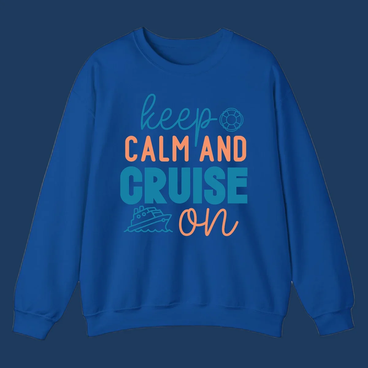 Keep Calm and Cruise On design with life preserver and cruise ship illustration on nautical-themed artwork