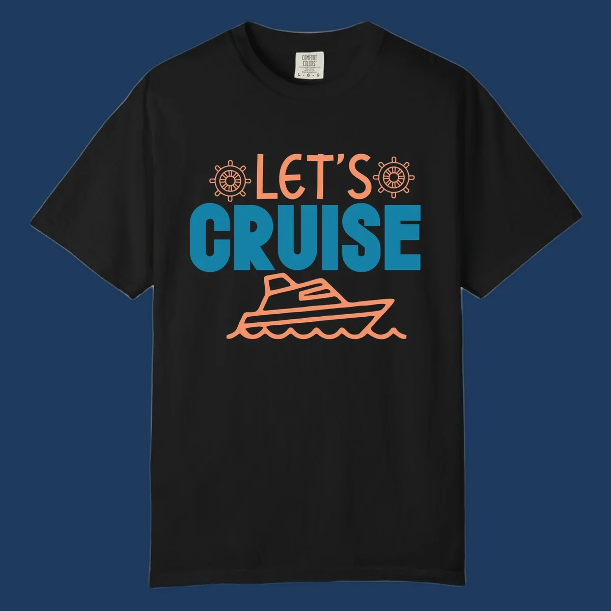 Let's cruise nautical design with orange ship wheels, yacht, and ocean waves on teal and coral colors