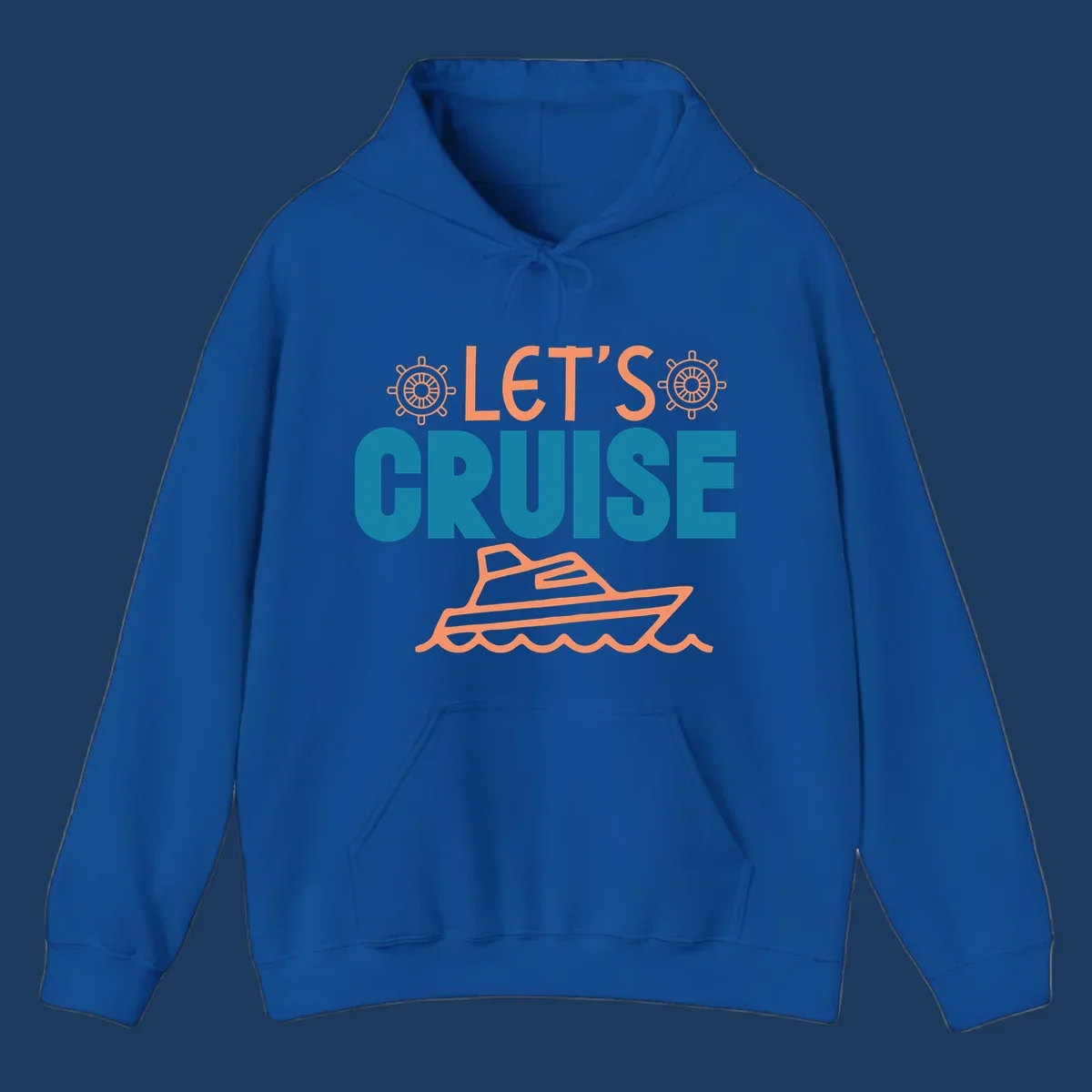 Let's cruise nautical design with orange ship wheels, yacht, and ocean waves on teal and coral colors
