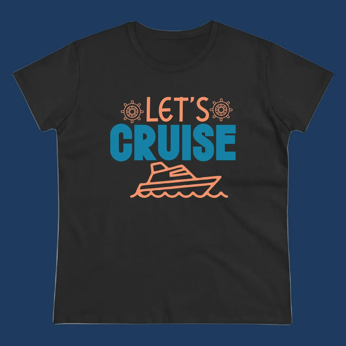 Let's cruise nautical design with orange ship wheels, yacht, and ocean waves on teal and coral colors