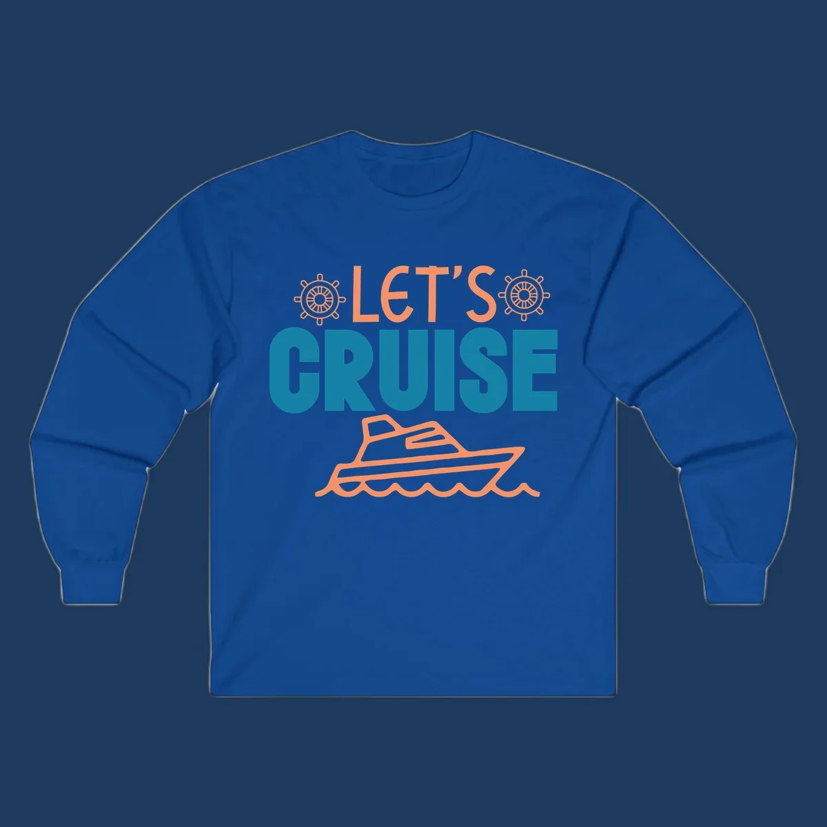Let's cruise nautical design with orange ship wheels, yacht, and ocean waves on teal and coral colors