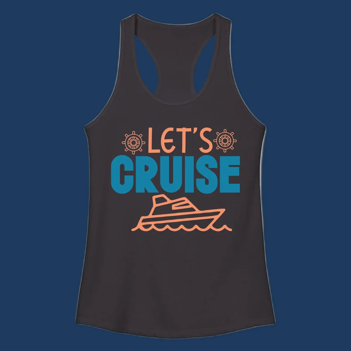 Let's cruise nautical design with orange ship wheels, yacht, and ocean waves on teal and coral colors