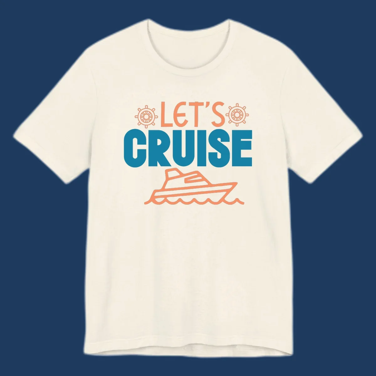 Let's cruise nautical design with orange ship wheels, yacht, and ocean waves on teal and coral colors