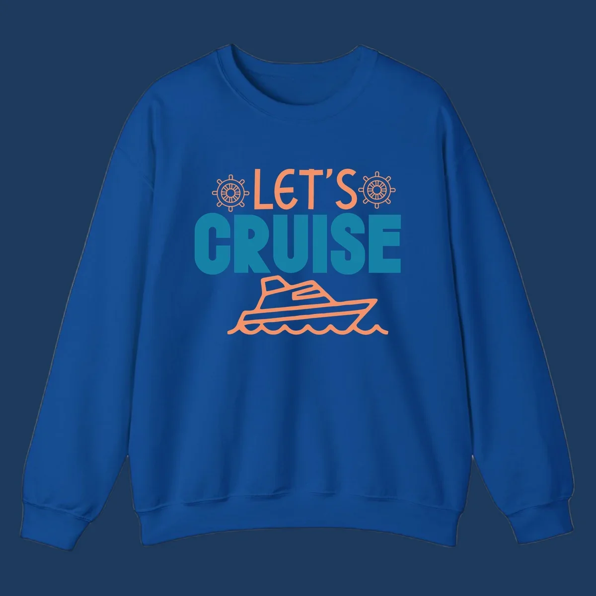 Let's cruise nautical design with orange ship wheels, yacht, and ocean waves on teal and coral colors