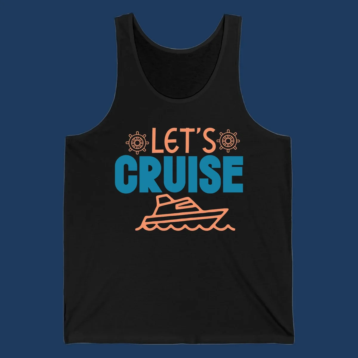 Let's cruise nautical design with orange ship wheels, yacht, and ocean waves on teal and coral colors