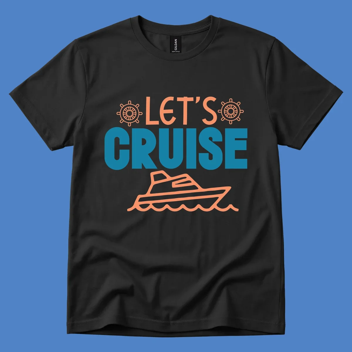 Let's cruise nautical design with orange ship wheels, yacht, and ocean waves on teal and coral colors
