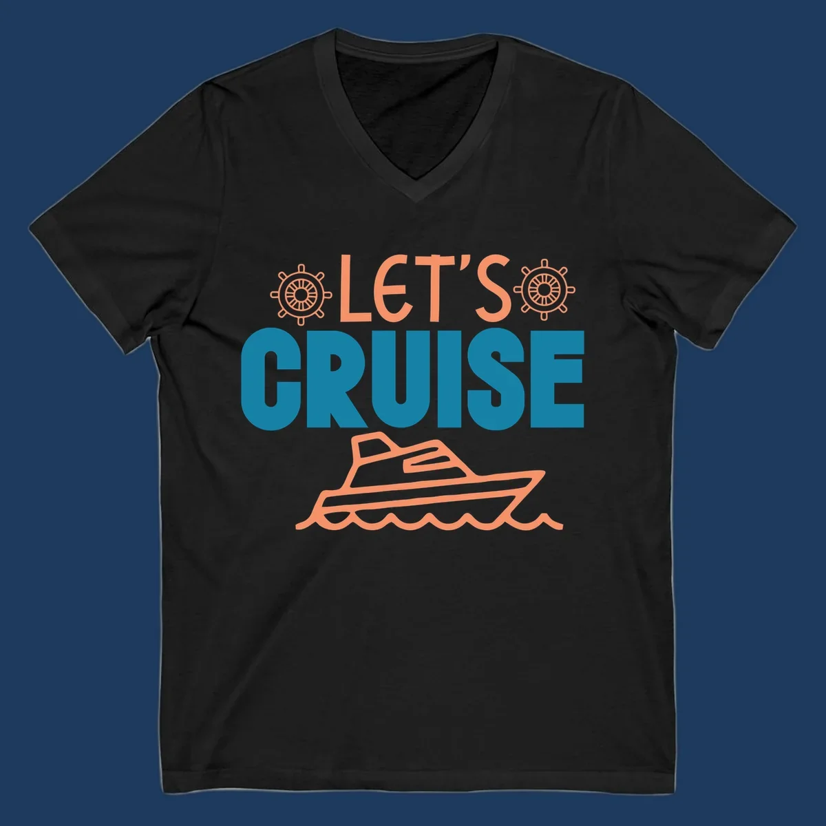 Let's cruise nautical design with orange ship wheels, yacht, and ocean waves on teal and coral colors