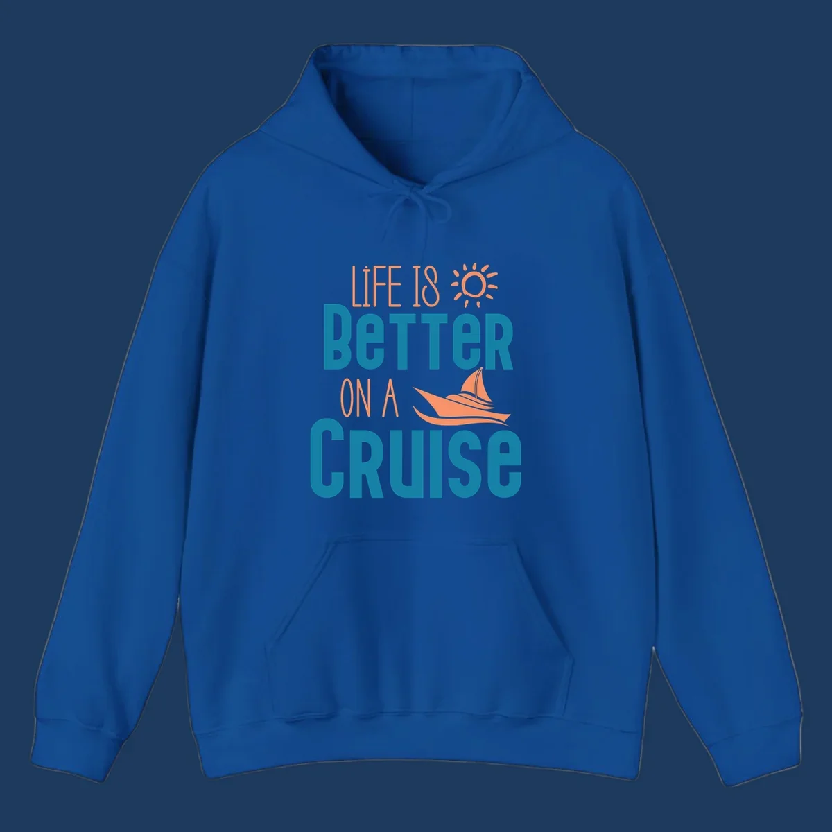 Life is better on a cruise design with sailboat and sun graphic in teal and coral colors