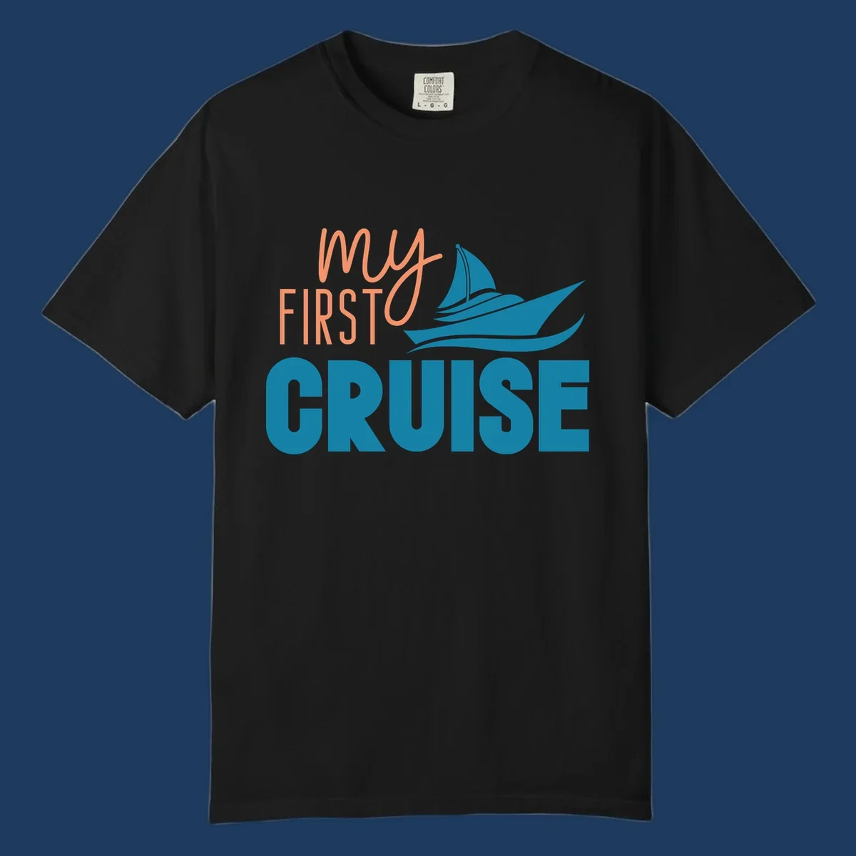 My first cruise design with coral text and teal sailboat illustration on gray background
