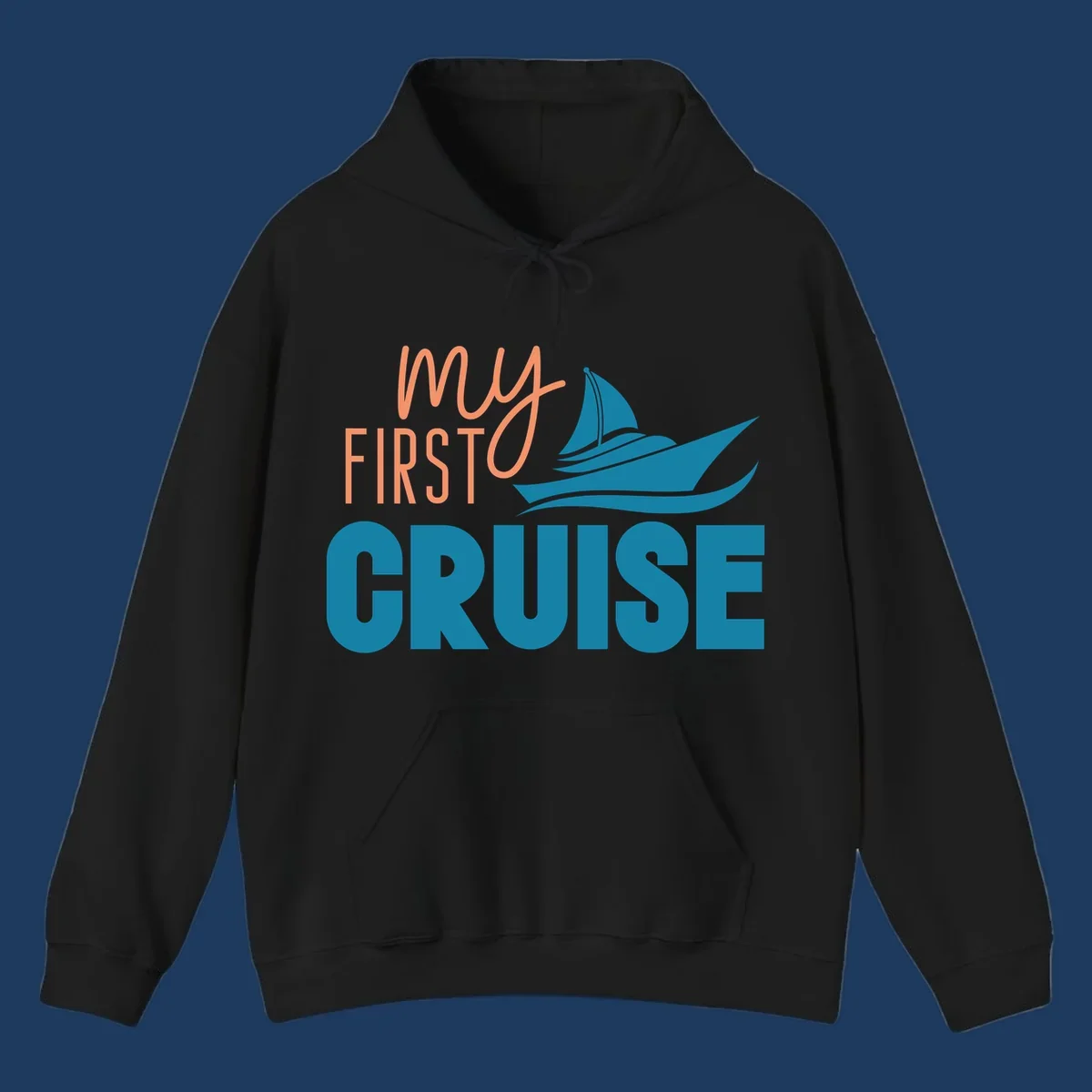 My first cruise design with coral text and teal sailboat illustration on gray background