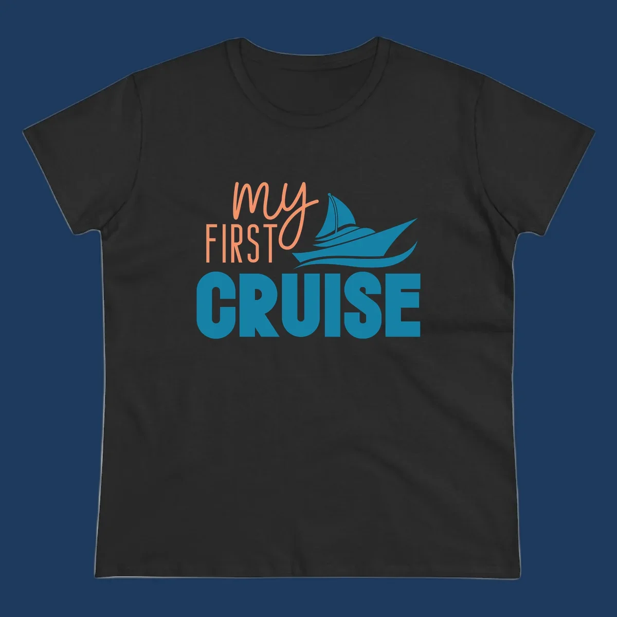 My first cruise design with coral text and teal sailboat illustration on gray background