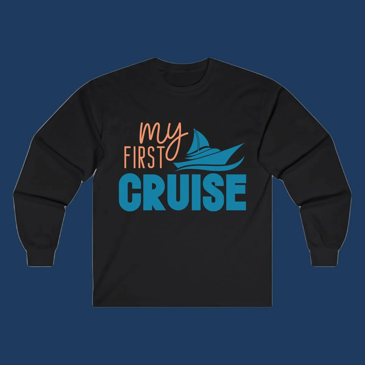 My first cruise design with coral text and teal sailboat illustration on gray background