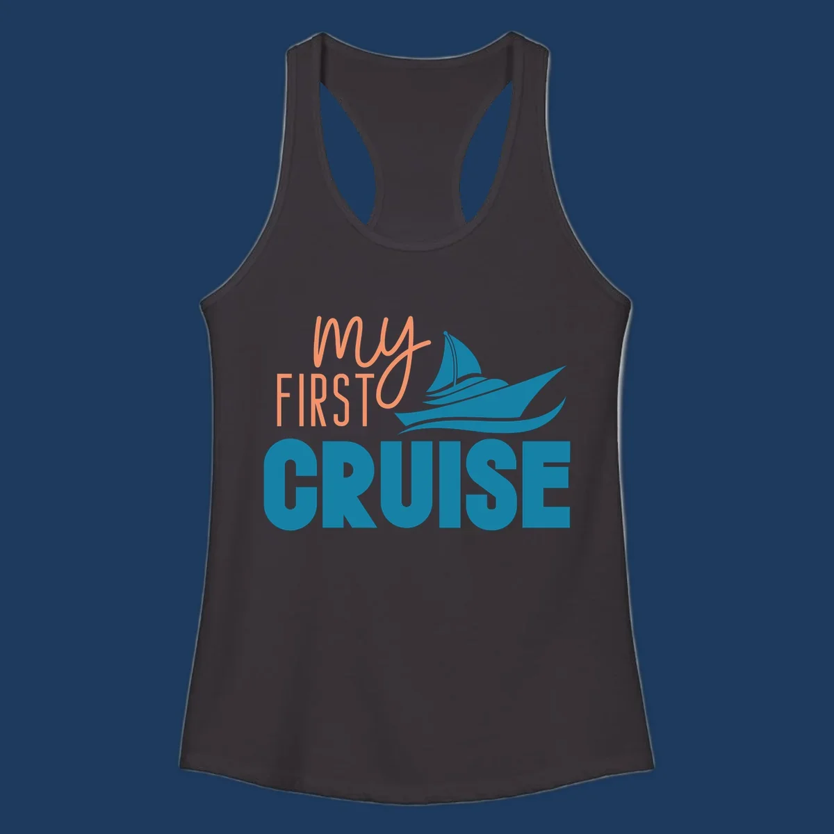 My first cruise design with coral text and teal sailboat illustration on gray background