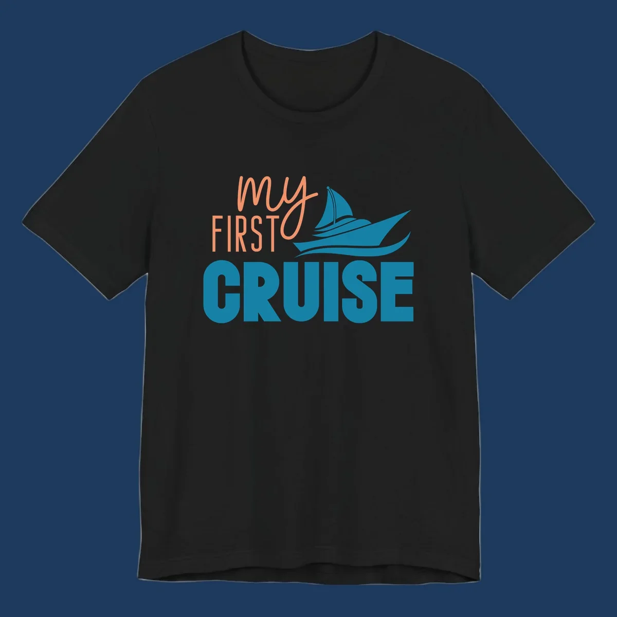 My first cruise design with coral text and teal sailboat illustration on gray background