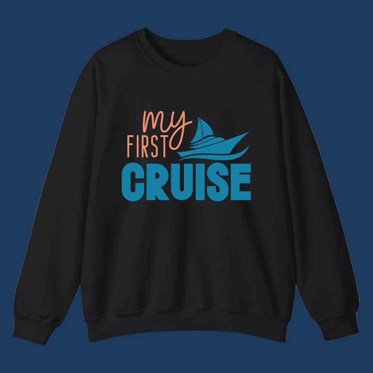 My first cruise design with coral text and teal sailboat illustration on gray background