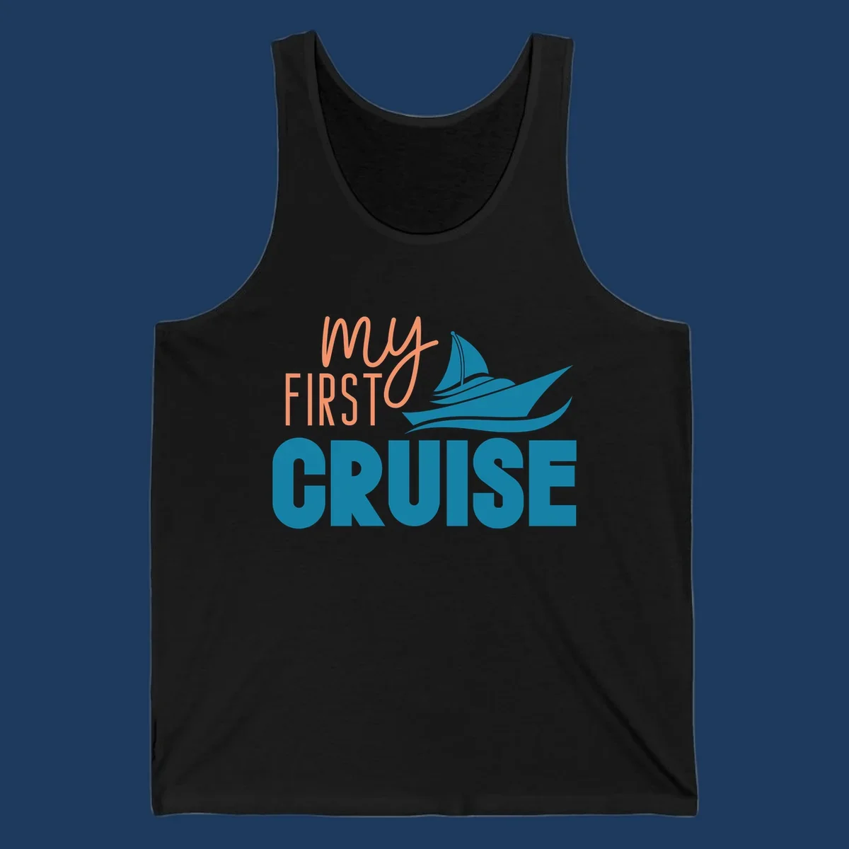 My first cruise design with coral text and teal sailboat illustration on gray background