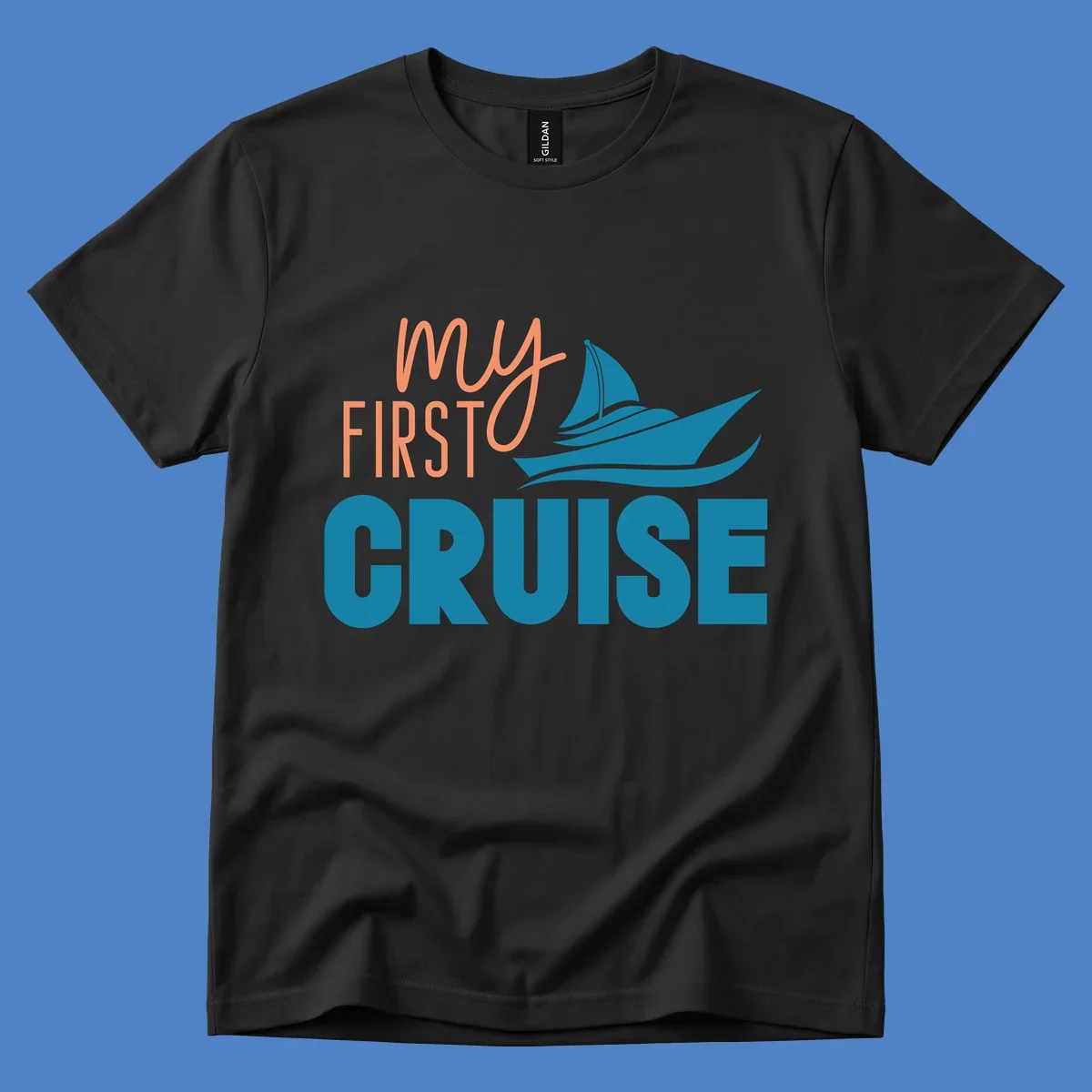 My first cruise design with coral text and teal sailboat illustration on gray background