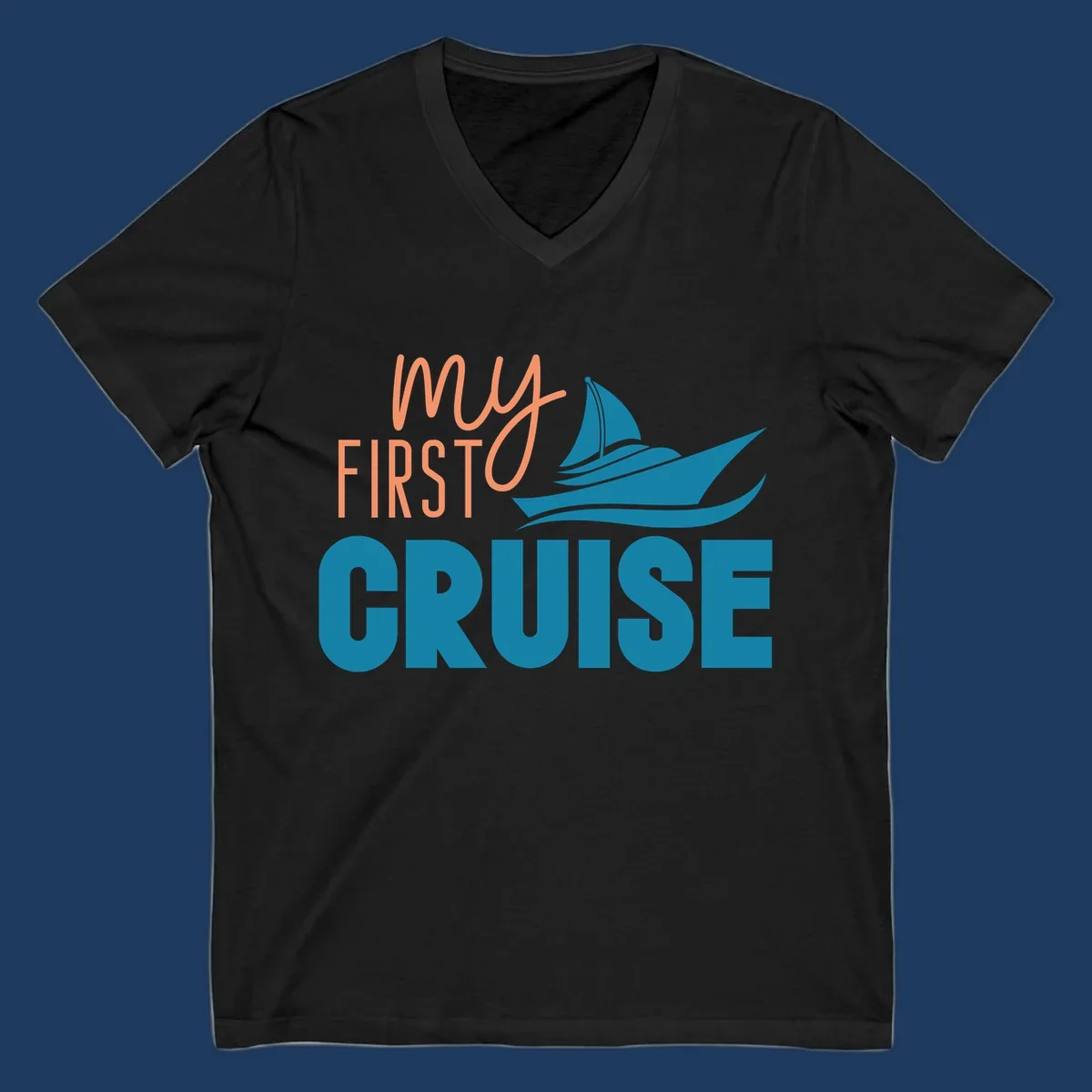 My first cruise design with coral text and teal sailboat illustration on gray background