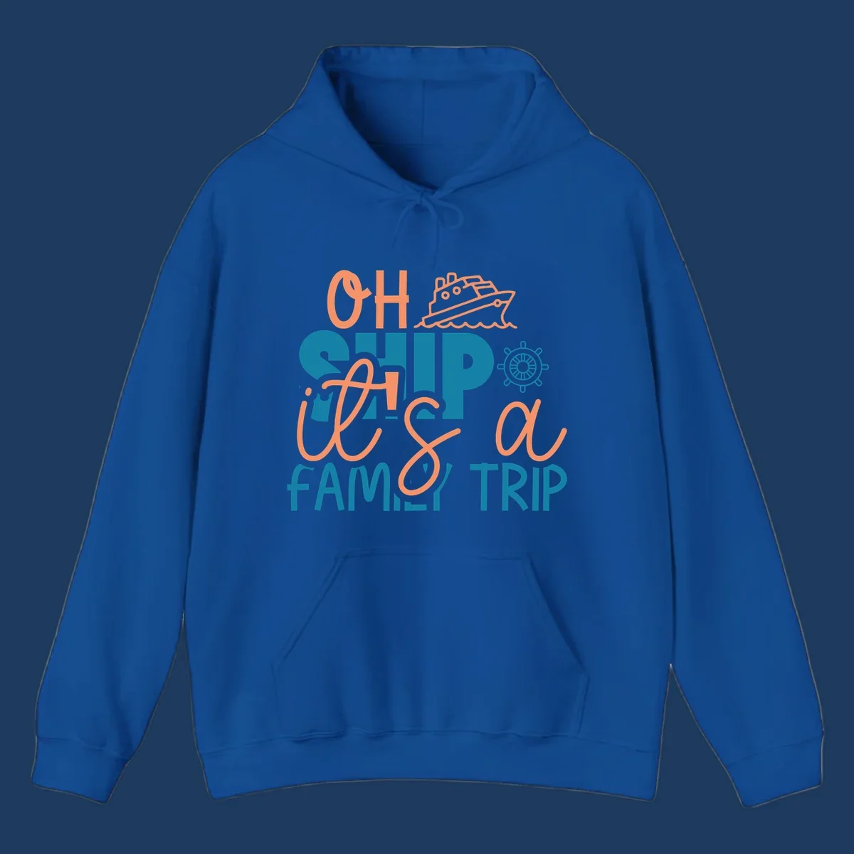 Playful oh ship family cruise design with coral text, teal lettering, cruise ship icon and ship's wheel on gray background