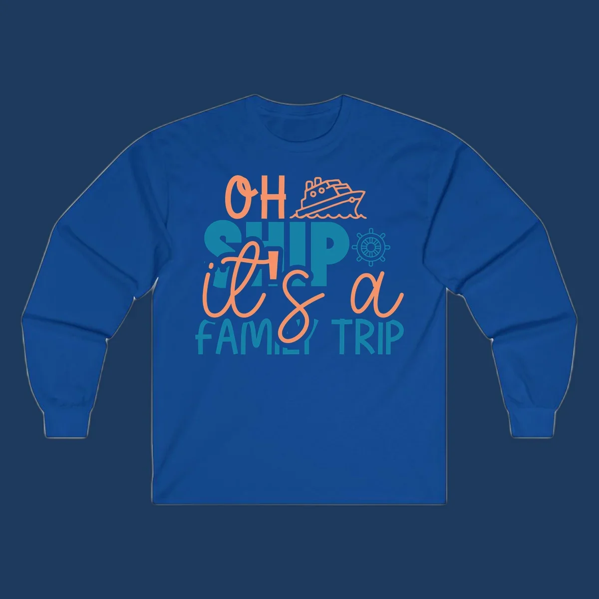 Playful oh ship family cruise design with coral text, teal lettering, cruise ship icon and ship's wheel on gray background