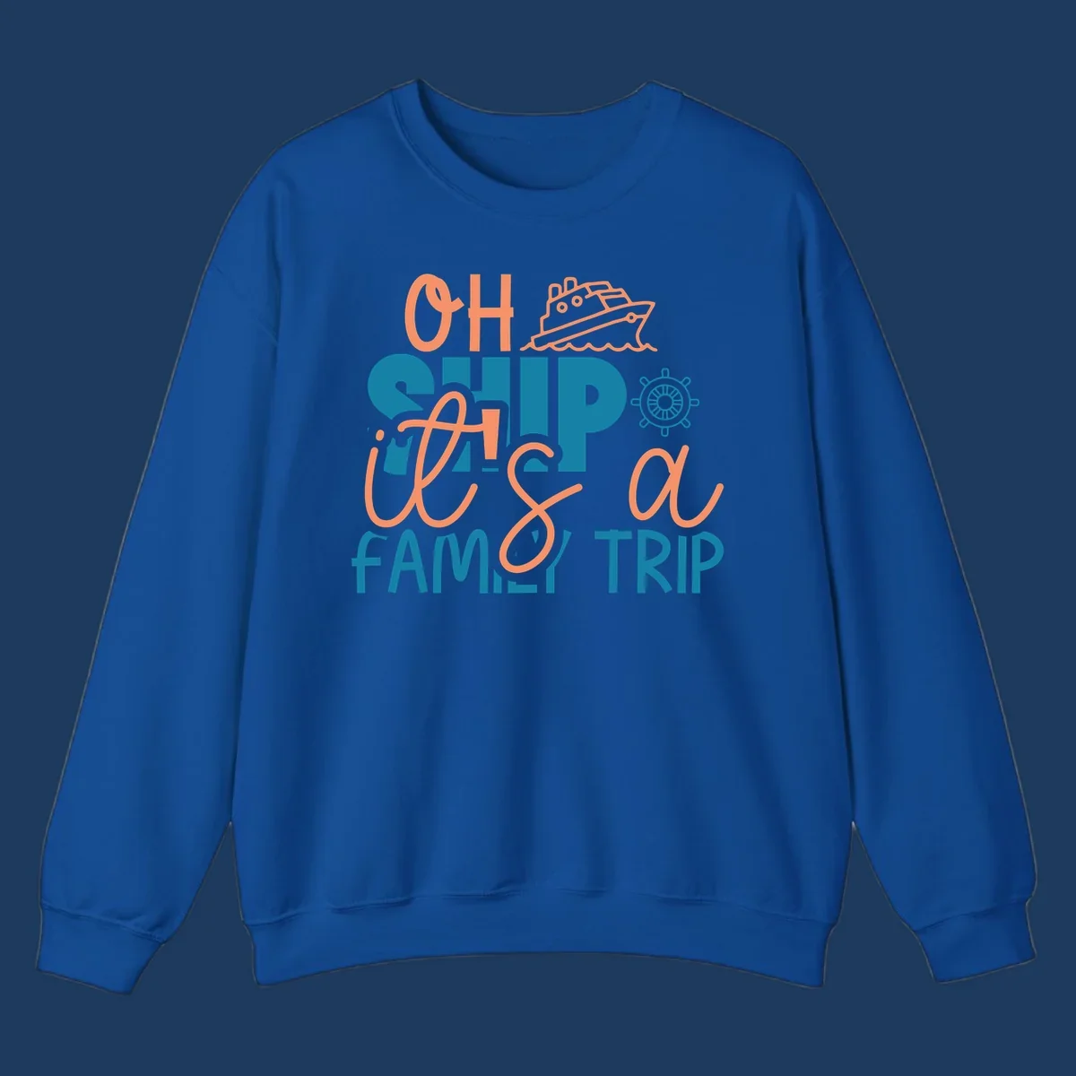 Playful oh ship family cruise design with coral text, teal lettering, cruise ship icon and ship's wheel on gray background