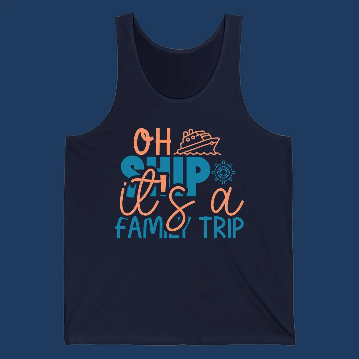 Playful oh ship family cruise design with coral text, teal lettering, cruise ship icon and ship's wheel on gray background
