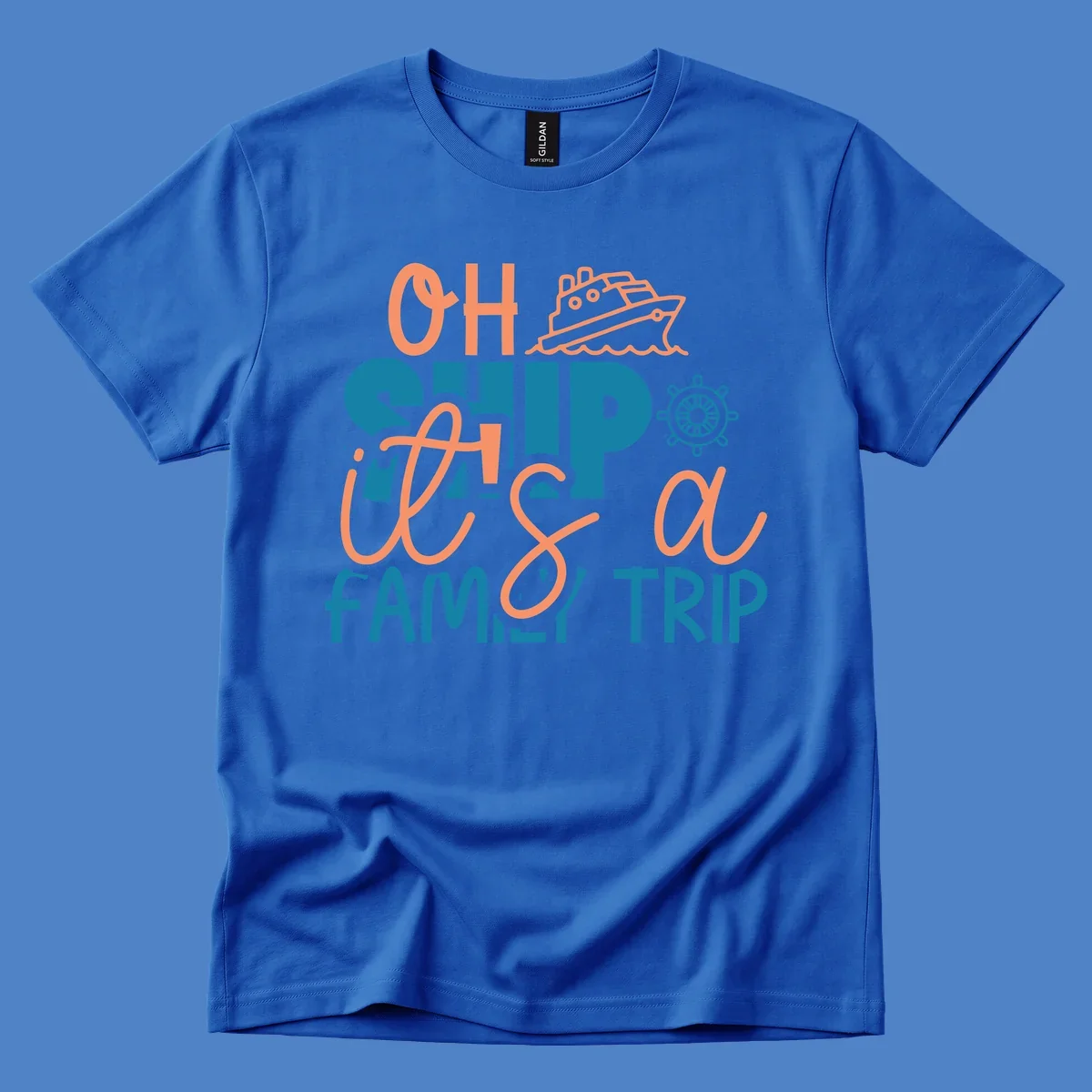 Playful oh ship family cruise design with coral text, teal lettering, cruise ship icon and ship's wheel on gray background