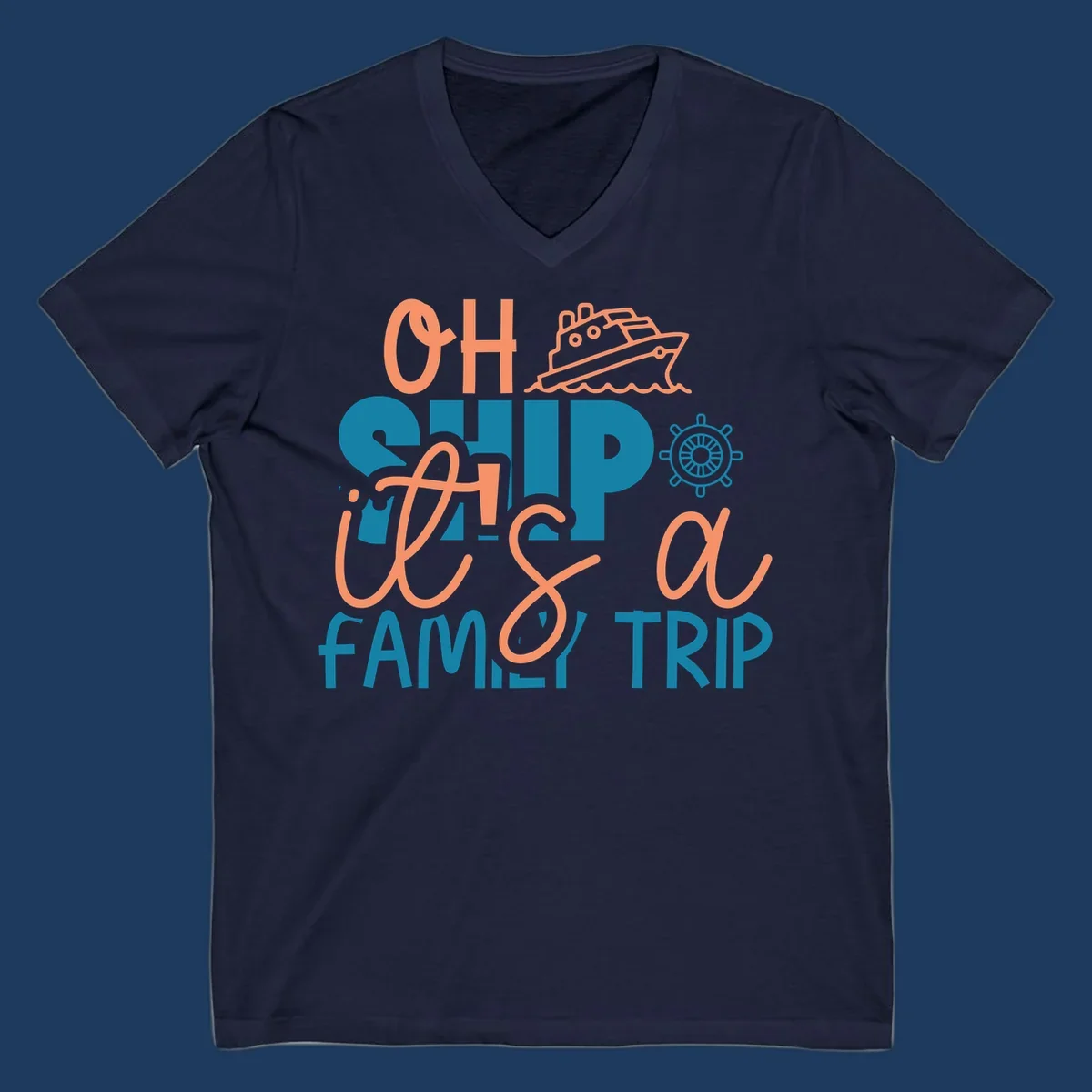Playful oh ship family cruise design with coral text, teal lettering, cruise ship icon and ship's wheel on gray background