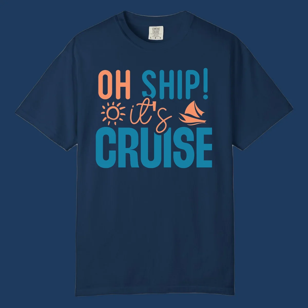 Oh ship cruise pun design with coral text, sailboat and sun illustrations on teal and gray background