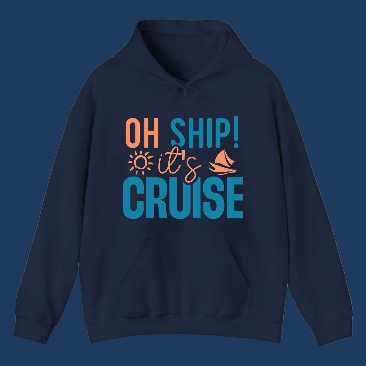Oh ship cruise pun design with coral text, sailboat and sun illustrations on teal and gray background