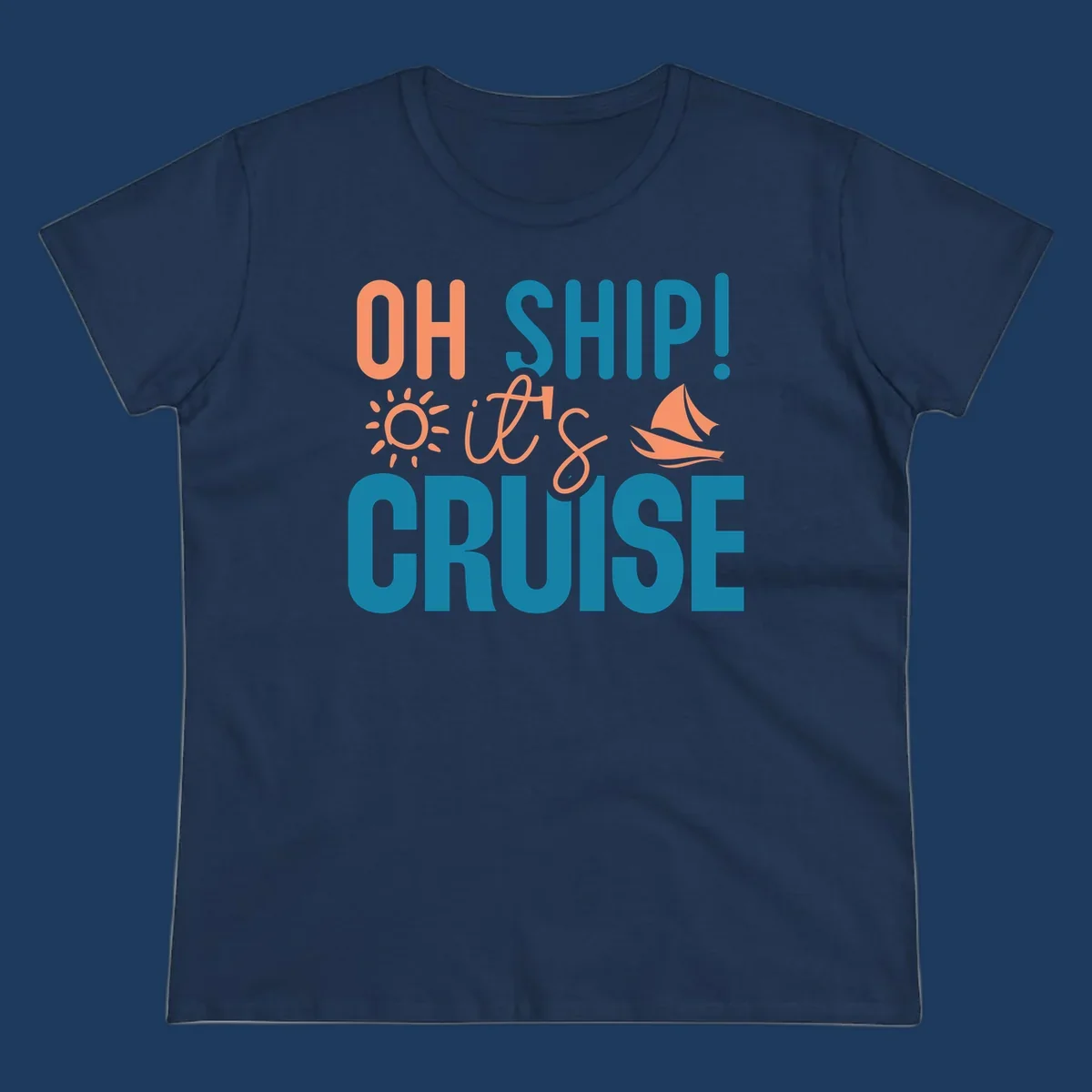 Oh ship cruise pun design with coral text, sailboat and sun illustrations on teal and gray background