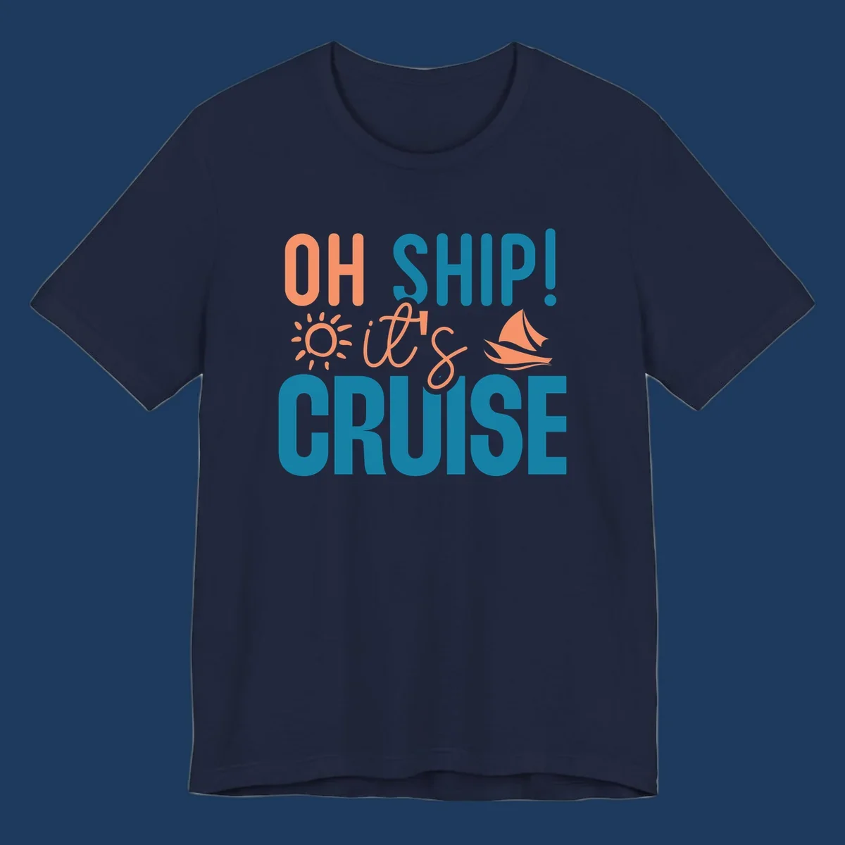 Oh ship cruise pun design with coral text, sailboat and sun illustrations on teal and gray background