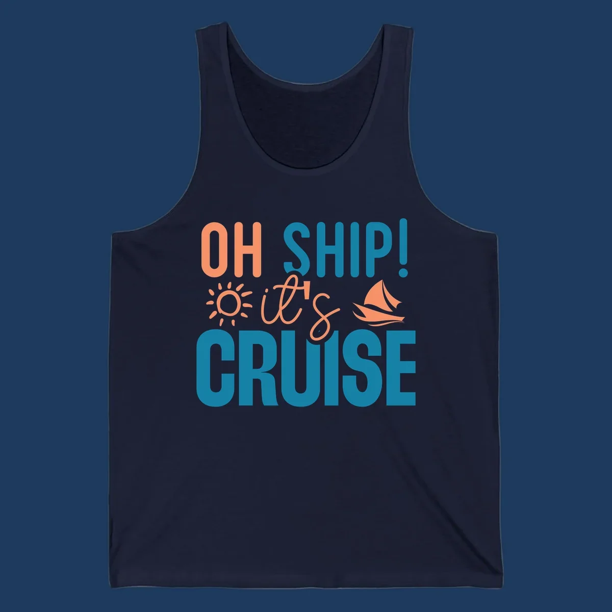 Oh ship cruise pun design with coral text, sailboat and sun illustrations on teal and gray background