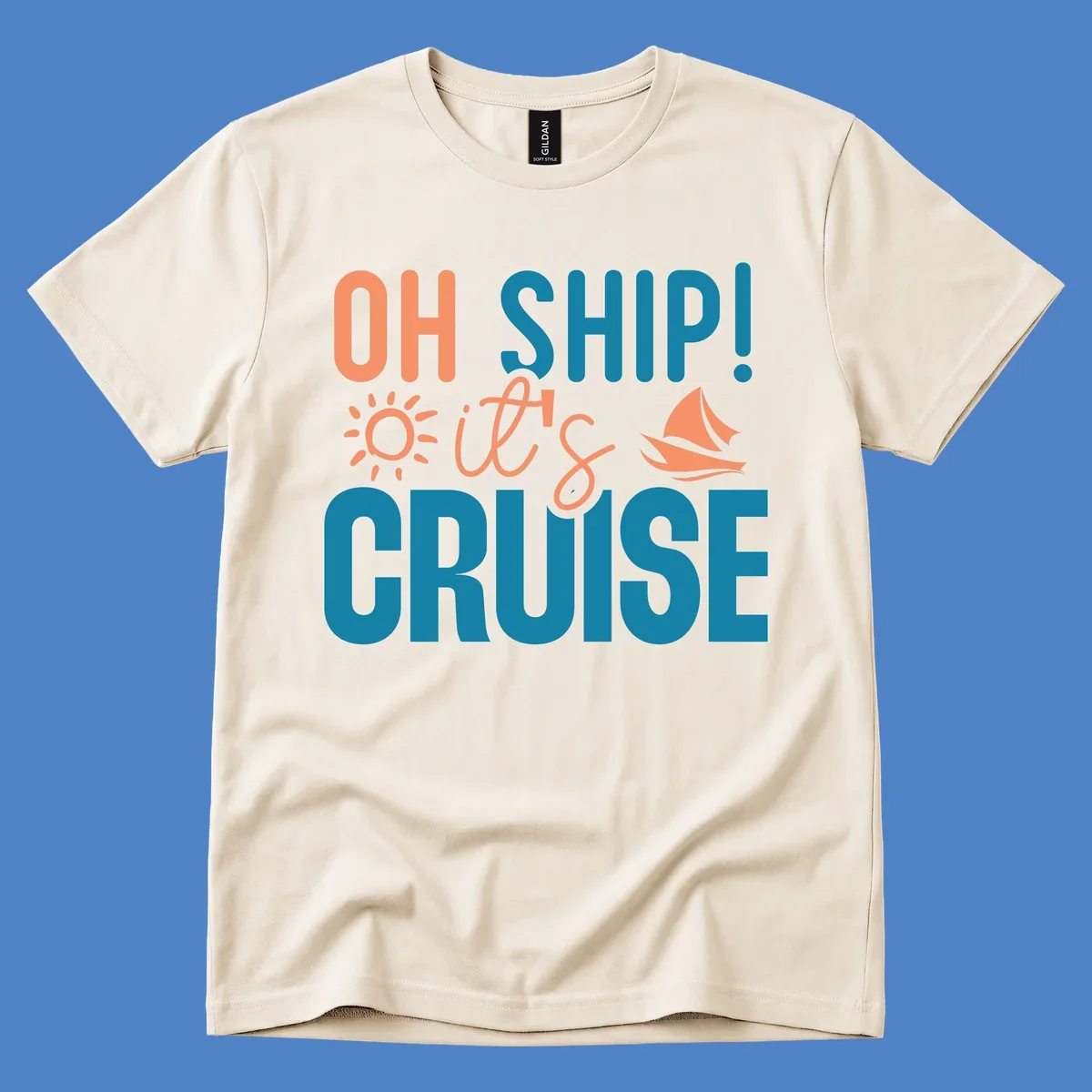 Oh ship cruise pun design with coral text, sailboat and sun illustrations on teal and gray background