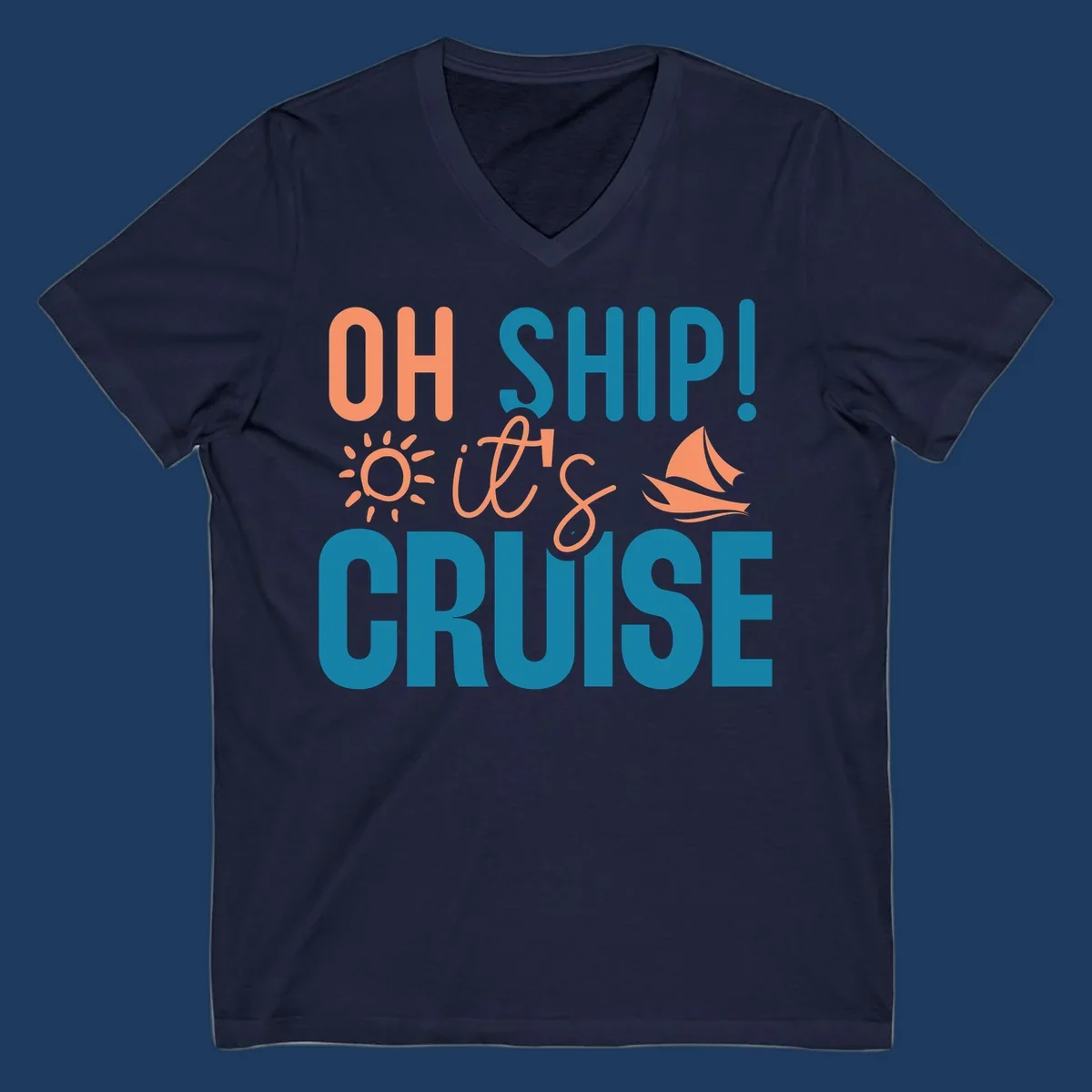 Oh ship cruise pun design with coral text, sailboat and sun illustrations on teal and gray background