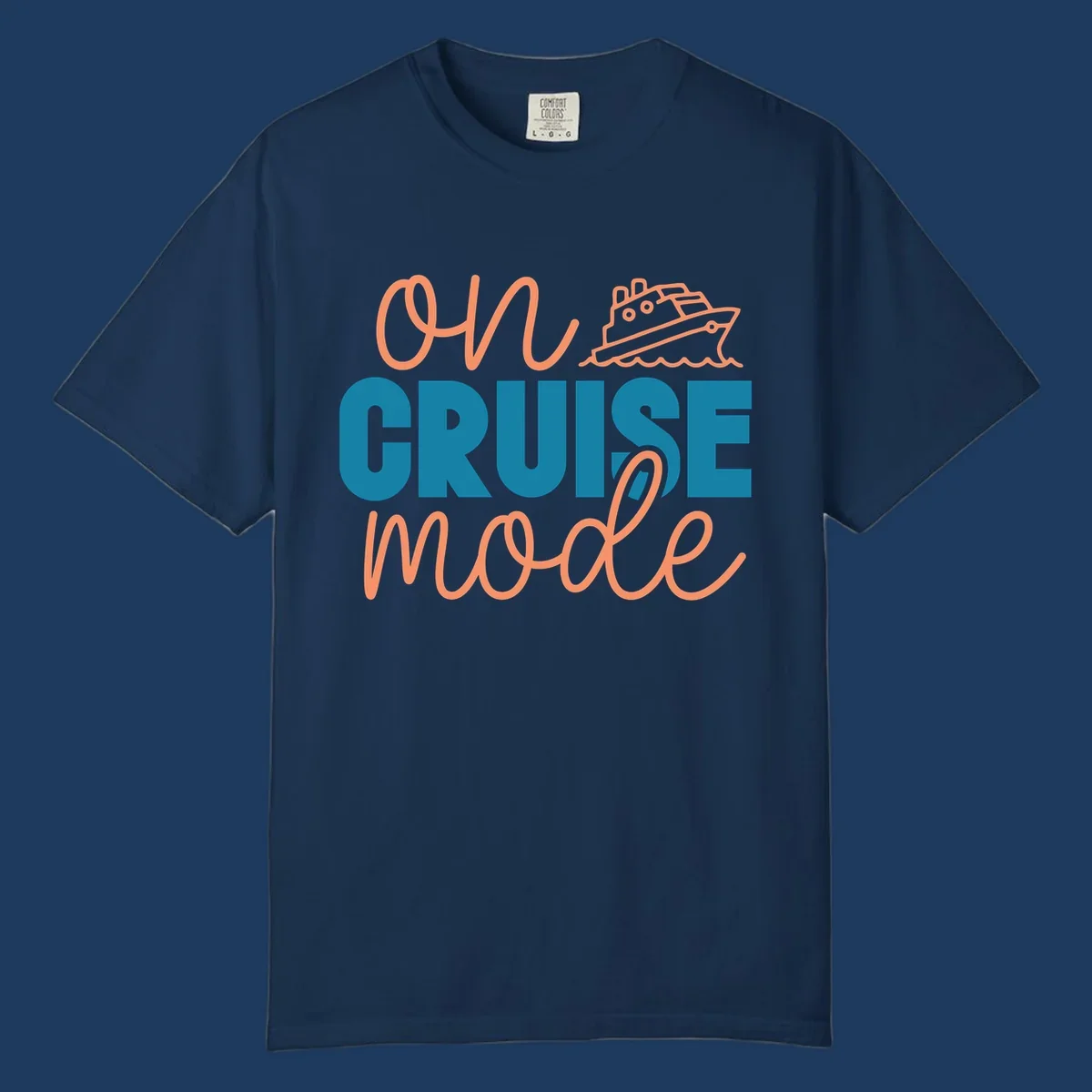 Ahoy cruise mode design with coral script text, teal lettering, and a line-art cruise ship sailing through waves on gray background