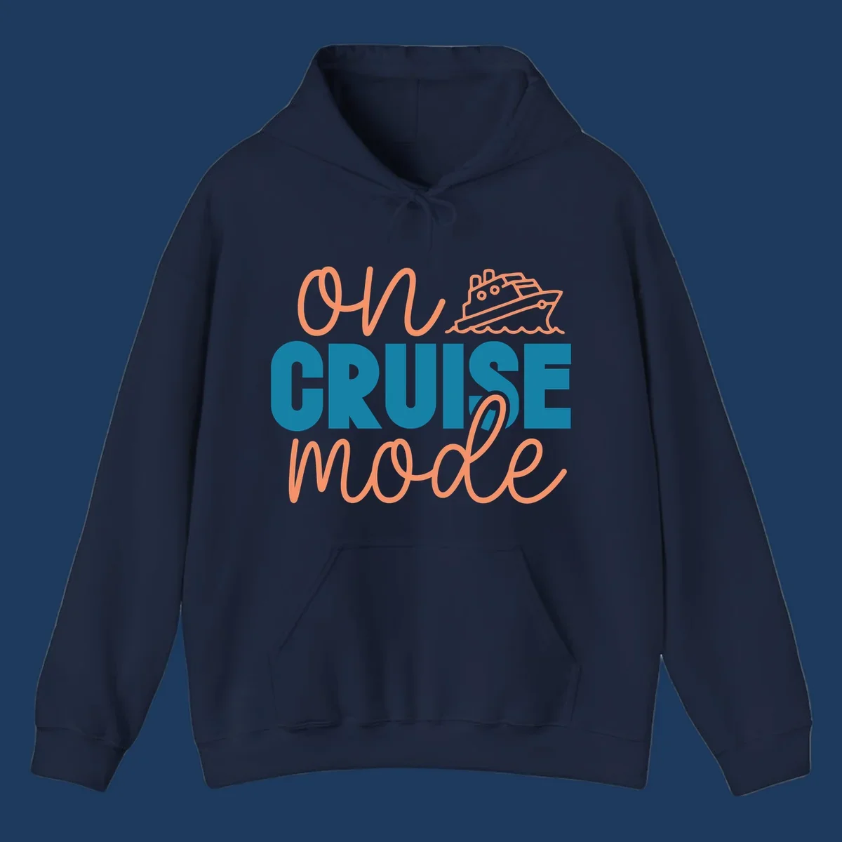 Ahoy cruise mode design with coral script text, teal lettering, and a line-art cruise ship sailing through waves on gray background