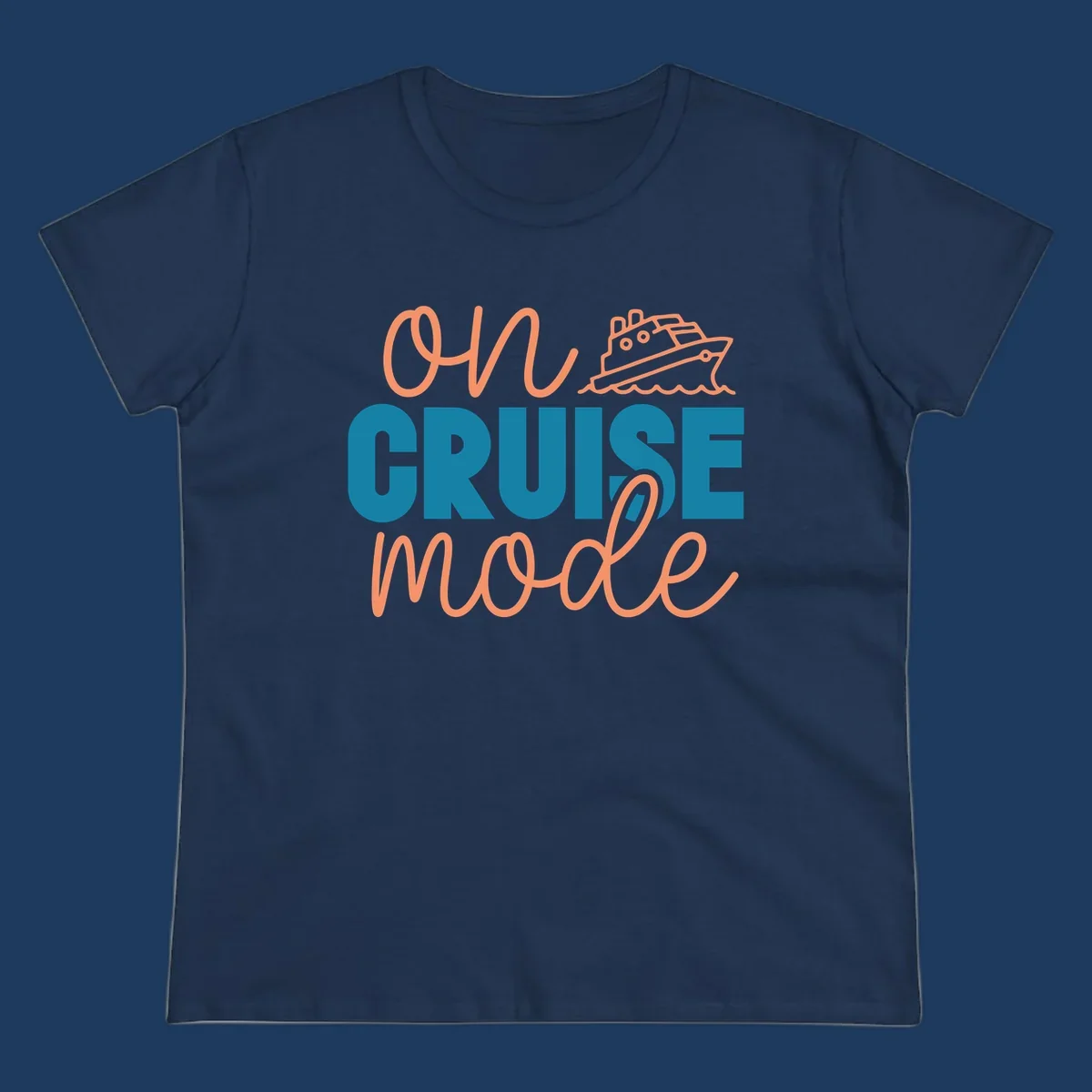 Ahoy cruise mode design with coral script text, teal lettering, and a line-art cruise ship sailing through waves on gray background