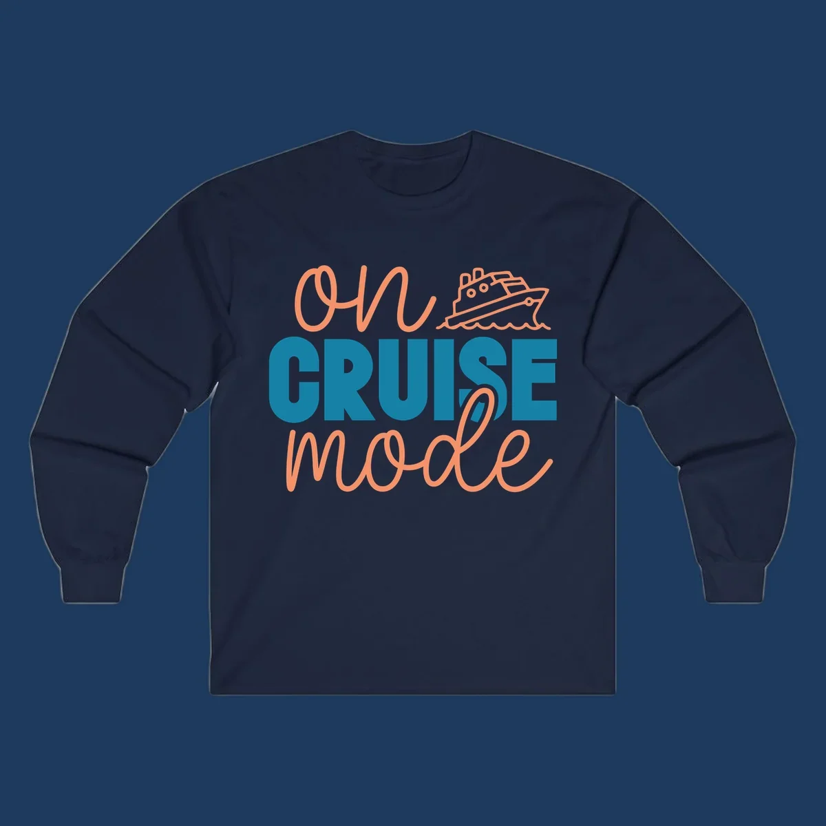 Ahoy cruise mode design with coral script text, teal lettering, and a line-art cruise ship sailing through waves on gray background