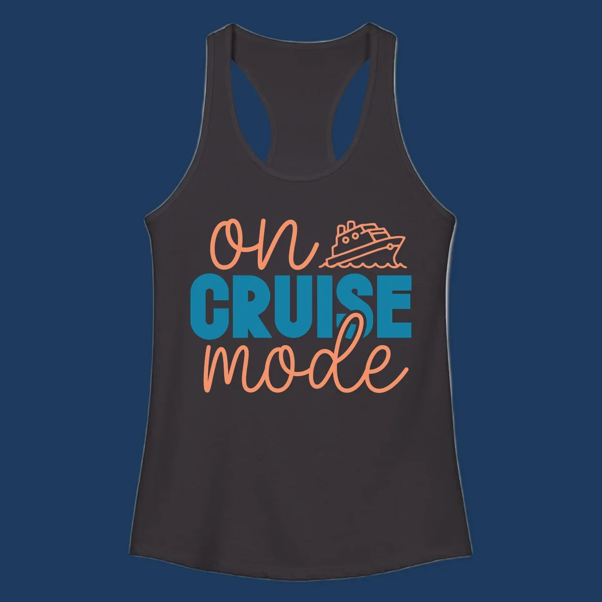 Ahoy cruise mode design with coral script text, teal lettering, and a line-art cruise ship sailing through waves on gray background