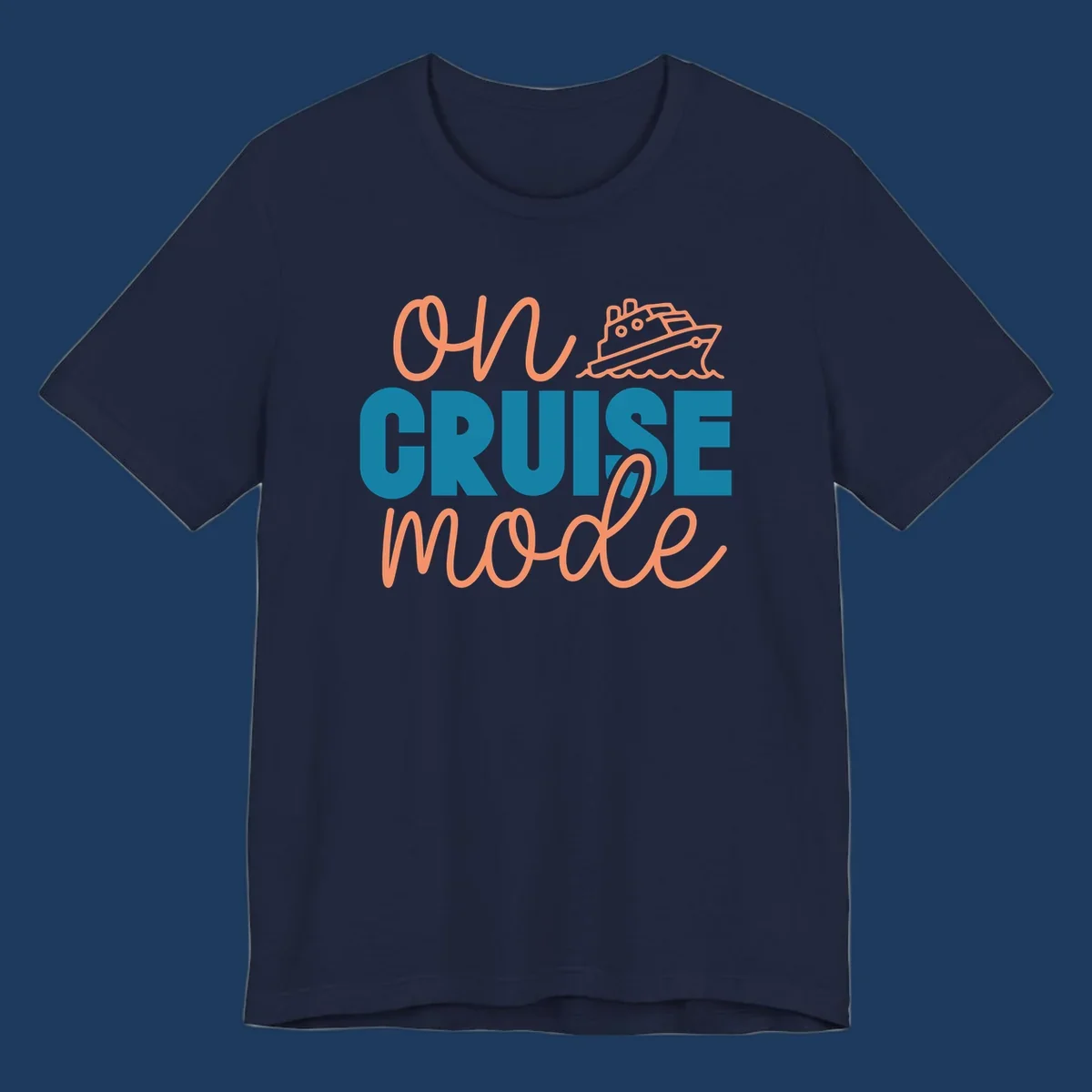 Ahoy cruise mode design with coral script text, teal lettering, and a line-art cruise ship sailing through waves on gray background